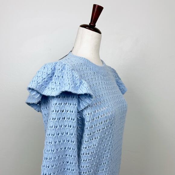 Ann Taylor LOFT Blue Pointelle Lace Knit Ruffle Feminine Long Sleeve Sweater NWT - Picture 6 of 10